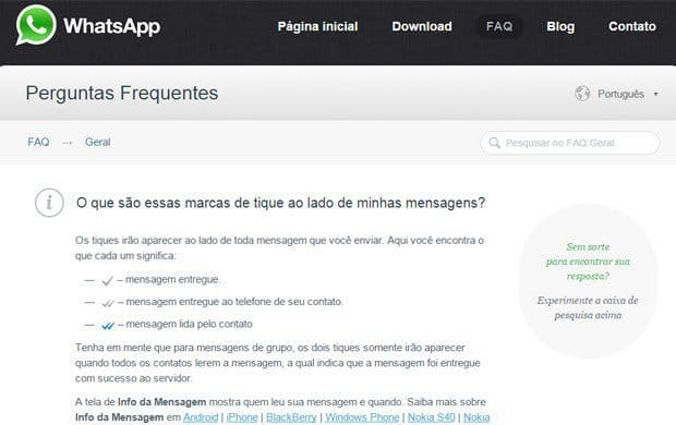 Página de perguntas frequentes no site do WhatsApp mostra função que indica que mensagem foi lida (Foto: Reprodução/WhatsApp.com)